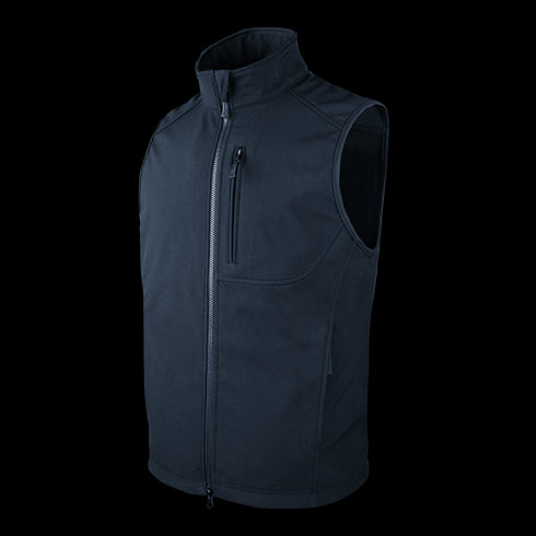 The Condor Core Softshell Vest is a sleeveless black zip-up vest with a high collar, chest zipper pocket, and two side pockets for bushcraft or EDC use, shown on a white background.